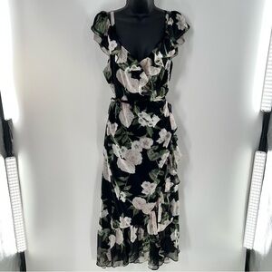 Chelsea28 Black/Pink/Green Floral Print Ruffled Tiered Midi Wrap Dress-Size M